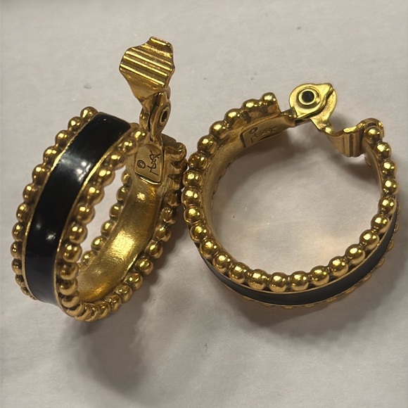 YSL VINTAGE YVES ST LAURENT black and gold clip on hoop earrings NEW CONDITION! - Picture 13 of 13
